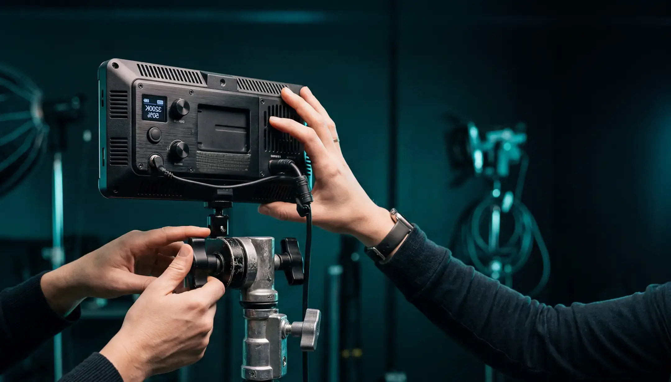 Hands adjusting a light panel on set