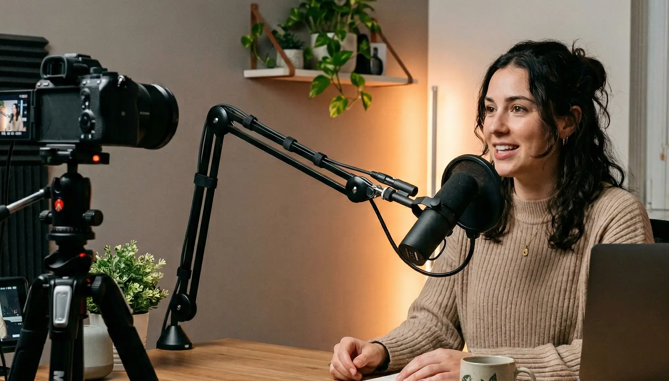 A creator recording at a microphone
